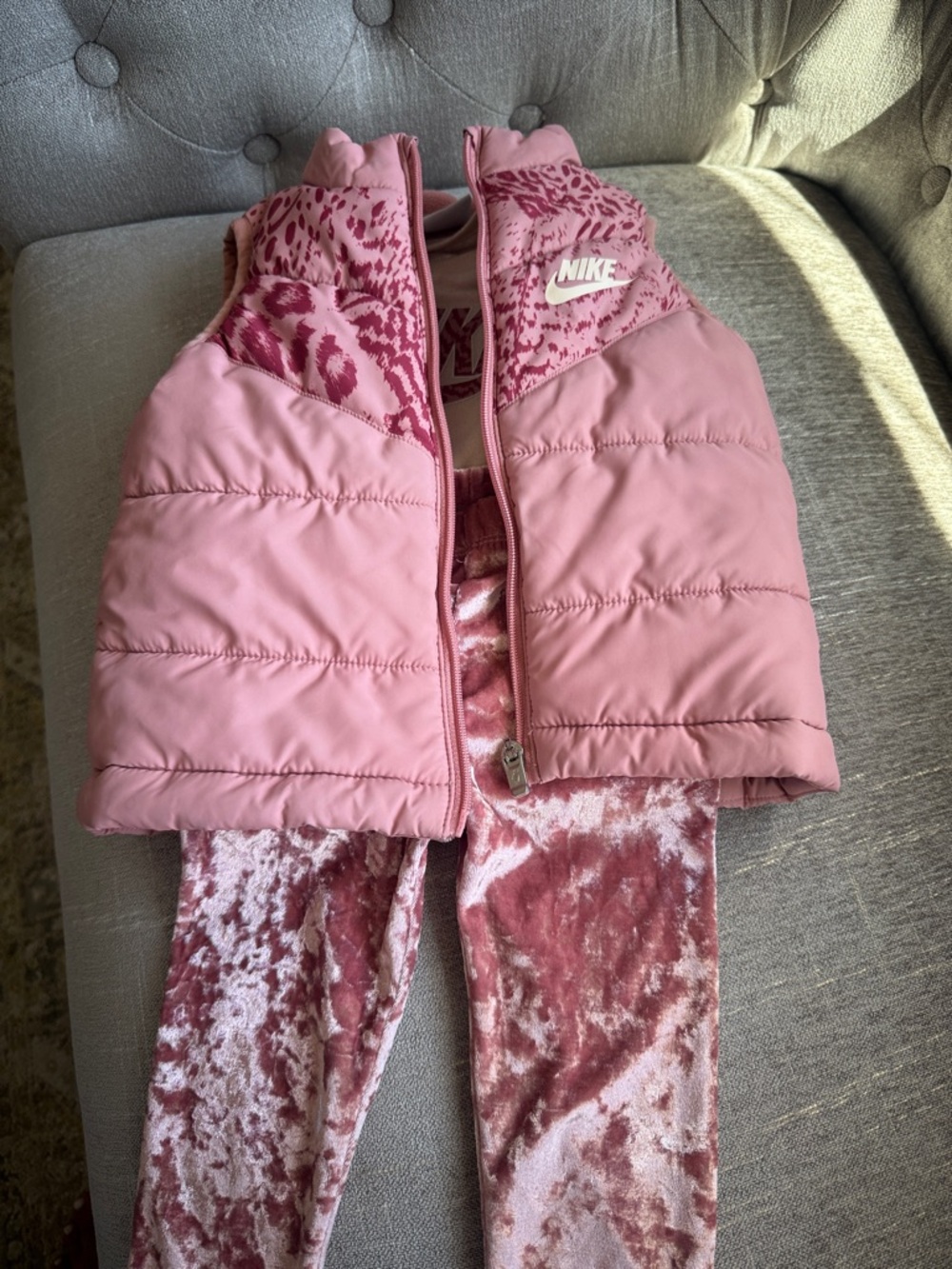 Nike Pink Quilted Puffer Vest with Leopard Yoke